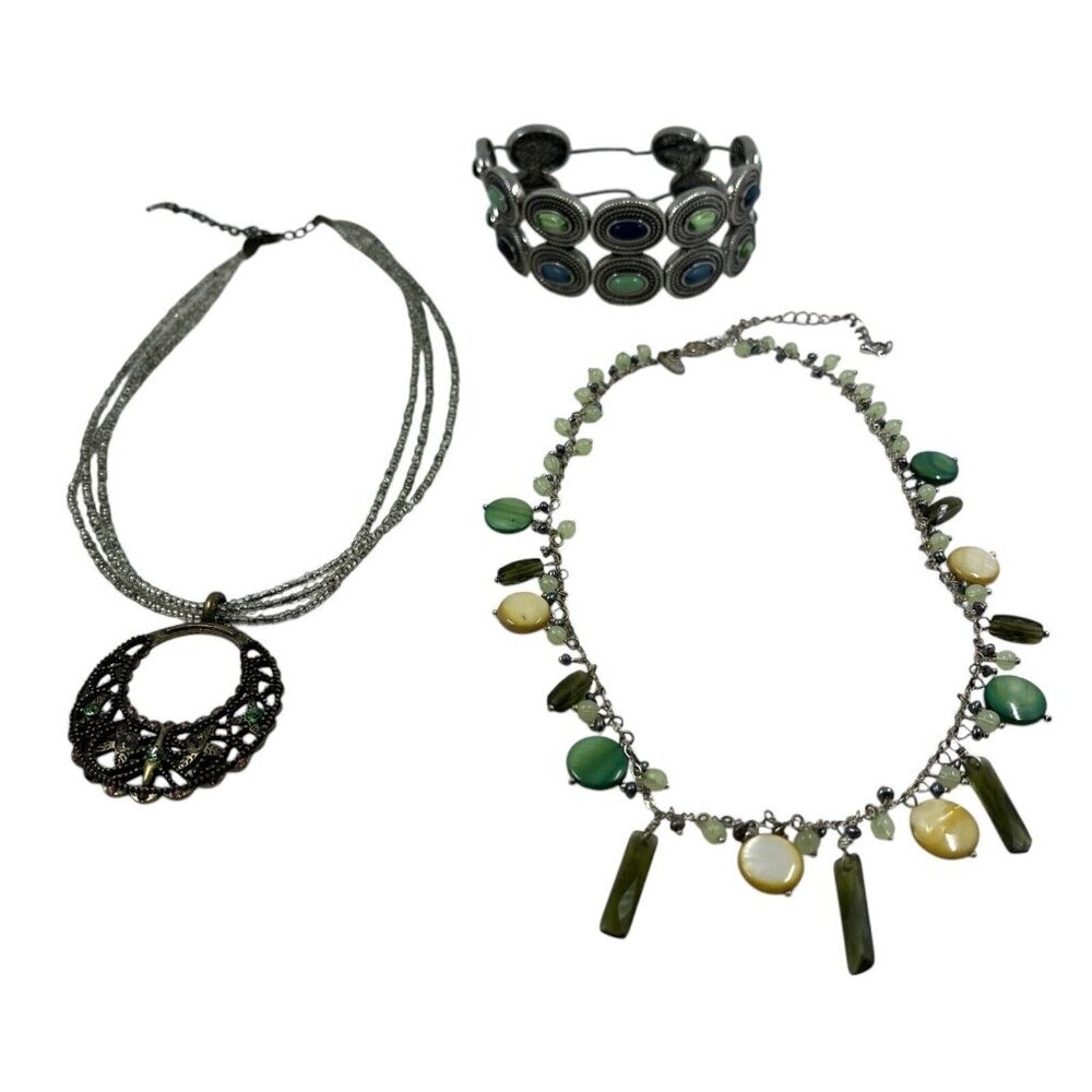 Lia Sophia Green‎ Beaded Necklace Bracelet Set Seed Beads Silver Copper Tone